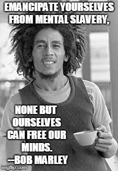 Bob Marley | EMANCIPATE YOURSELVES FROM MENTAL SLAVERY, NONE BUT OURSELVES CAN FREE OUR MINDS.  --BOB MARLEY | image tagged in bob marley | made w/ Imgflip meme maker