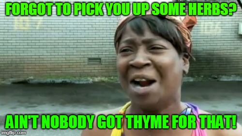 Ain't Nobody Got Time For That | FORGOT TO PICK YOU UP SOME HERBS? AIN'T NOBODY GOT THYME FOR THAT! | image tagged in memes,aint nobody got time for that,herbs,thyme,time | made w/ Imgflip meme maker
