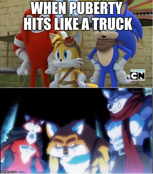sonic y dragon ball super | WHEN PUBERTY HITS LIKE A TRUCK | image tagged in sonic y dragon ball super | made w/ Imgflip meme maker