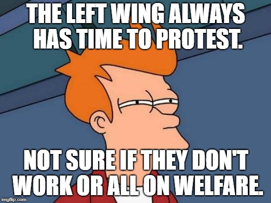 Futurama Fry Meme | THE LEFT WING ALWAYS HAS TIME TO PROTEST. NOT SURE IF THEY DON'T WORK OR ALL ON WELFARE. | image tagged in memes,futurama fry | made w/ Imgflip meme maker