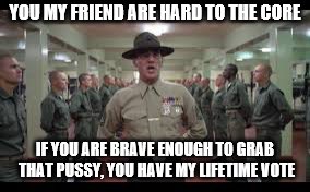 Hard core (or corp) | YOU MY FRIEND ARE HARD TO THE CORE IF YOU ARE BRAVE ENOUGH TO GRAB THAT PUSSY, YOU HAVE MY LIFETIME VOTE | image tagged in gunny | made w/ Imgflip meme maker