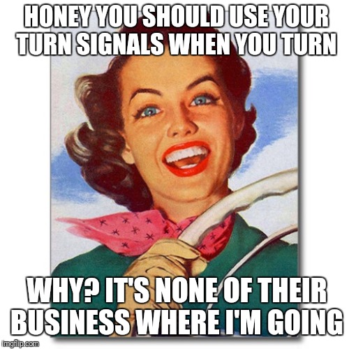 Vintage '50s woman driver | HONEY YOU SHOULD USE YOUR TURN SIGNALS WHEN YOU TURN; WHY? IT'S NONE OF THEIR BUSINESS WHERE I'M GOING | image tagged in vintage '50s woman driver | made w/ Imgflip meme maker