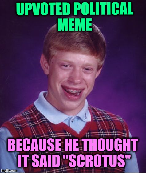 Upvoted!! | UPVOTED POLITICAL MEME; BECAUSE HE THOUGHT IT SAID "SCROTUS" | image tagged in memes,bad luck brian,politics,political meme,memes about memes,memes about memeing | made w/ Imgflip meme maker