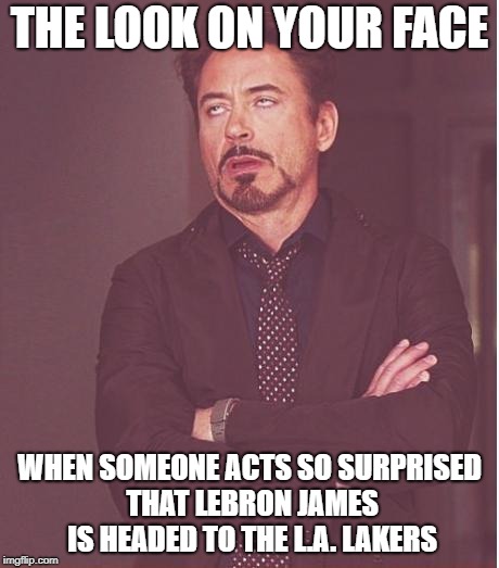 Face You Make Robert Downey Jr Meme | THE LOOK ON YOUR FACE; WHEN SOMEONE ACTS SO SURPRISED THAT LEBRON JAMES IS HEADED TO THE L.A. LAKERS | image tagged in memes,face you make robert downey jr | made w/ Imgflip meme maker