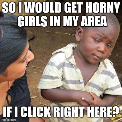 Third World Skeptical Kid | SO I WOULD GET HORNY GIRLS IN MY AREA; IF I CLICK RIGHT HERE? | image tagged in memes,third world skeptical kid | made w/ Imgflip meme maker