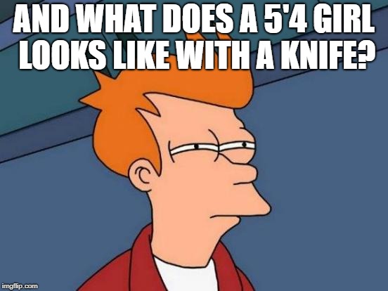 Futurama Fry Meme | AND WHAT DOES A 5'4 GIRL LOOKS LIKE WITH A KNIFE? | image tagged in memes,futurama fry | made w/ Imgflip meme maker