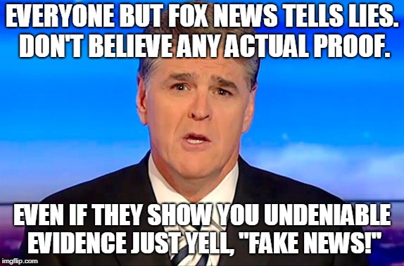 Sean Hannity Fox News | EVERYONE BUT FOX NEWS TELLS LIES. DON'T BELIEVE ANY ACTUAL PROOF. EVEN IF THEY SHOW YOU UNDENIABLE EVIDENCE JUST YELL, "FAKE NEWS!" | image tagged in sean hannity fox news | made w/ Imgflip meme maker