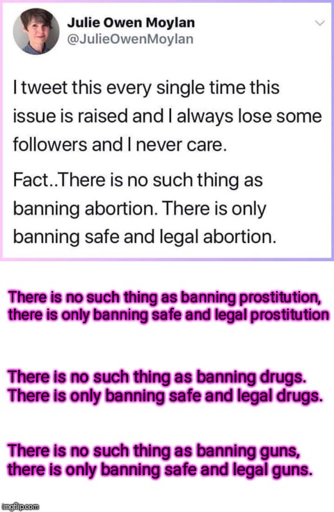 This logic could be extended to almost anything. And many would argue that abortion isn't exactly "safe" for the baby. | There is no such thing as banning prostitution, there is only banning safe and legal prostitution; There is no such thing as banning drugs. There is only banning safe and legal drugs. There is no such thing as banning guns, there is only banning safe and legal guns. | image tagged in memes | made w/ Imgflip meme maker