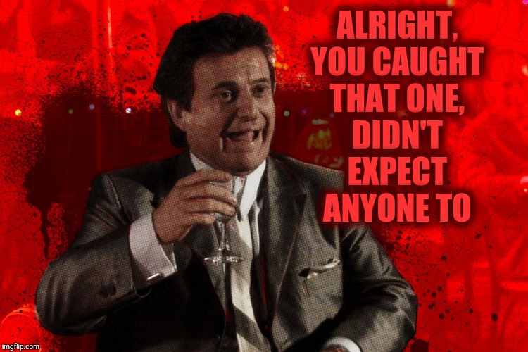 Joe Pesci laughs,,, Goodfellas | ALRIGHT, YOU CAUGHT THAT ONE, DIDN'T  EXPECT    ANYONE TO | image tagged in joe pesci laughs  goodfellas | made w/ Imgflip meme maker