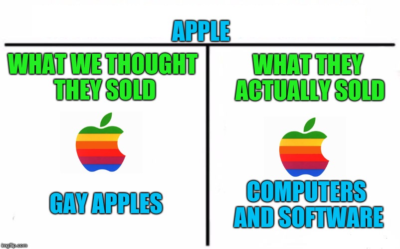 Who would win? | APPLE; WHAT THEY ACTUALLY SOLD; WHAT WE THOUGHT THEY SOLD; GAY APPLES; COMPUTERS AND SOFTWARE | image tagged in memes,who would win,funny,apple,computers,gay | made w/ Imgflip meme maker