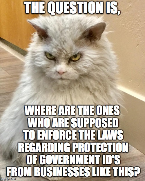 THE QUESTION IS, WHERE ARE THE ONES WHO ARE SUPPOSED TO ENFORCE THE LAWS REGARDING PROTECTION OF GOVERNMENT ID'S FROM BUSINESSES LIKE THIS? | made w/ Imgflip meme maker
