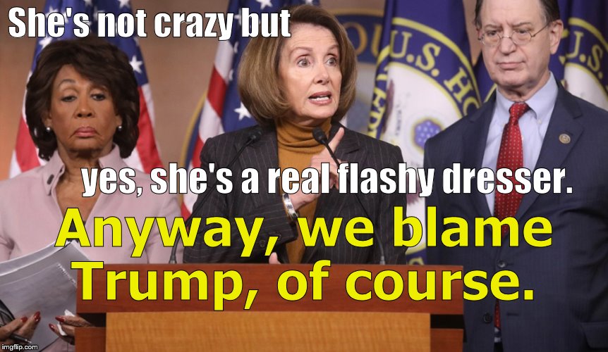 pelosi explains | She's not crazy but Anyway, we blame Trump, of course. yes, she's a real flashy dresser. | image tagged in pelosi explains | made w/ Imgflip meme maker