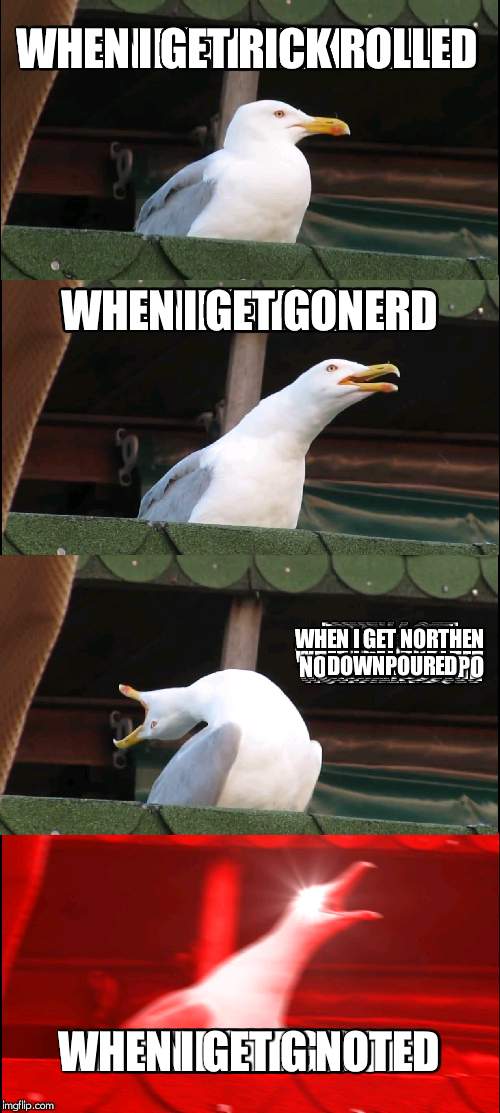 Inhaling Seagull Meme | WHEN I GET RICK ROLLED; WHEN I GET GONERD; WHEN I GET NORTHEN DOWNPOURED; WHEN I GET G NOTED | image tagged in memes,inhaling seagull | made w/ Imgflip meme maker