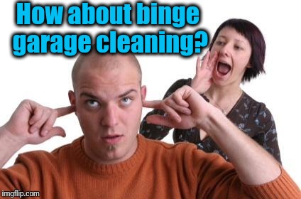 Nagging Wife | How about binge garage cleaning? | image tagged in nagging wife | made w/ Imgflip meme maker