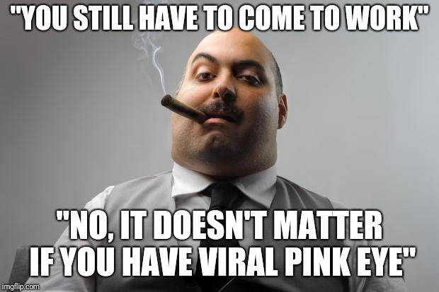 Scumbag Boss Meme | "YOU STILL HAVE TO COME TO WORK"; "NO, IT DOESN'T MATTER IF YOU HAVE VIRAL PINK EYE" | image tagged in memes,scumbag boss | made w/ Imgflip meme maker