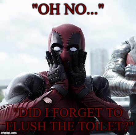 Oh No... Not The Toilet!!!!! | "OH NO..."; "DID I FORGET TO FLUSH THE TOILET?" | image tagged in memes,deadpool surprised | made w/ Imgflip meme maker