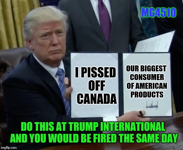 Trump Bill Signing Meme | MG4510; I PISSED OFF CANADA; OUR BIGGEST CONSUMER OF AMERICAN PRODUCTS; DO THIS AT TRUMP INTERNATIONAL AND YOU WOULD BE FIRED THE SAME DAY | image tagged in memes,trump bill signing | made w/ Imgflip meme maker