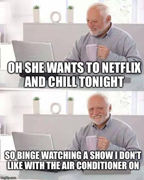Hide the Pain Harold Meme | OH SHE WANTS TO NETFLIX AND CHILL TONIGHT; SO BINGE WATCHING A SHOW I DON'T LIKE WITH THE AIR CONDITIONER ON | image tagged in memes,hide the pain harold | made w/ Imgflip meme maker