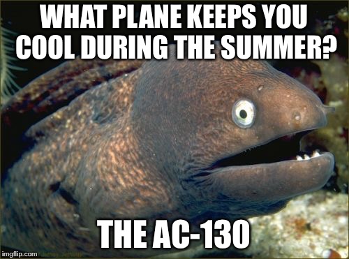 Bad Joke Eel Meme | WHAT PLANE KEEPS YOU COOL DURING THE SUMMER? THE AC-130 | image tagged in memes,bad joke eel | made w/ Imgflip meme maker