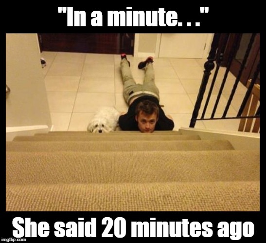 I've heard THAT one before... | "In a minute. . ."; She said 20 minutes ago | image tagged in funny memes,marriage,waiting,still waiting,wife,husband | made w/ Imgflip meme maker