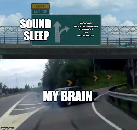 Left Exit 12 Off Ramp Meme | SOUND SLEEP; THOUGHTS OF ALL THE AWKWARD EXPERIENCES I'VE HAD IN MY LIFE; MY BRAIN | image tagged in memes,left exit 12 off ramp | made w/ Imgflip meme maker