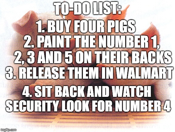 Best to-do list ever. | 1. BUY FOUR PIGS; TO-DO LIST:; 2. PAINT THE NUMBER 1, 2, 3 AND 5 ON THEIR BACKS; 3. RELEASE THEM IN WALMART; 4. SIT BACK AND WATCH SECURITY LOOK FOR NUMBER 4 | image tagged in pig wrestling | made w/ Imgflip meme maker