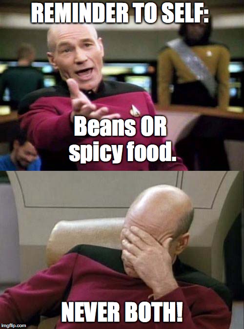 Picard WTF and Facepalm combined | REMINDER TO SELF:; Beans OR spicy food. NEVER BOTH! | image tagged in picard wtf and facepalm combined | made w/ Imgflip meme maker