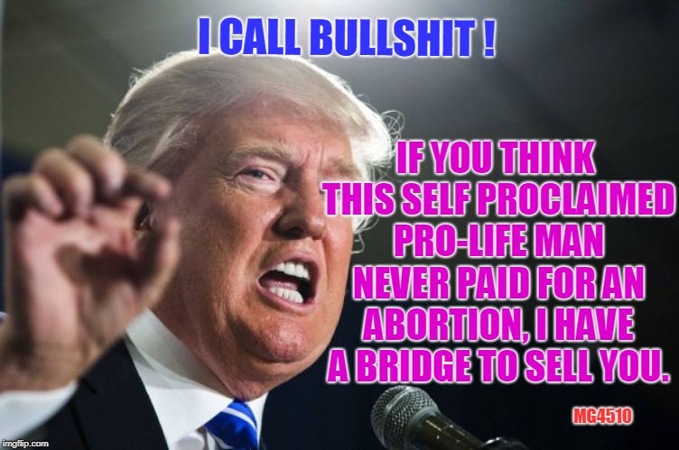 donald trump | IF YOU THINK THIS SELF PROCLAIMED PRO-LIFE MAN NEVER PAID FOR AN ABORTION, I HAVE A BRIDGE TO SELL YOU. I CALL BULLSHIT ! MG4510 | image tagged in donald trump | made w/ Imgflip meme maker