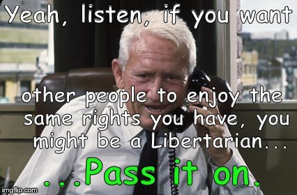 Semi-subversive thought here? Widespread Libertarian beliefs would, however, take the "sport" out of American politics. | Yeah, listen, if you want; other people to enjoy the same rights you have, you  might be a Libertarian... ...Pass it on. | image tagged in tracy,libertarian,political meme,a little golden rule behavior,not just rhetoric,douglie | made w/ Imgflip meme maker
