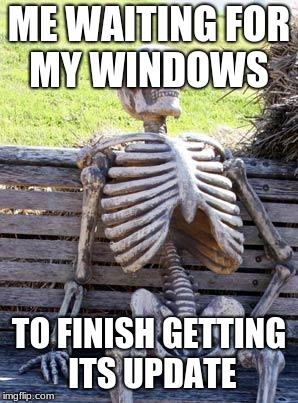 Waiting Skeleton Meme | ME WAITING FOR MY WINDOWS; TO FINISH GETTING ITS UPDATE | image tagged in memes,waiting skeleton | made w/ Imgflip meme maker