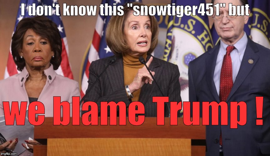 pelosi explains | I don't know this "snowtiger451" but we blame Trump ! | image tagged in pelosi explains | made w/ Imgflip meme maker