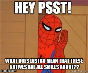 psst spiderman | HEY PSST! WHAT DOES DISTRO MEAN THAT THESE NATIVES ARE ALL SMILES ABOUT?? | image tagged in psst spiderman | made w/ Imgflip meme maker