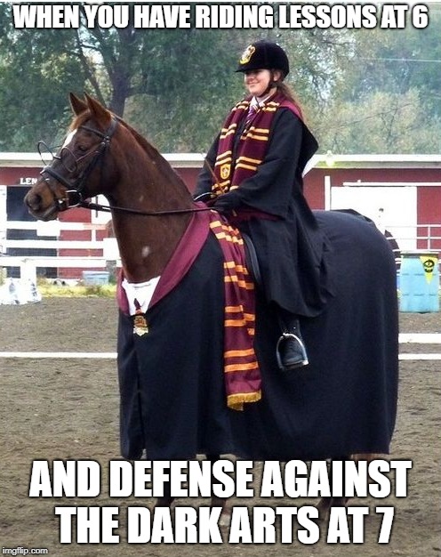 I had to use this somehow | WHEN YOU HAVE RIDING LESSONS AT 6; AND DEFENSE AGAINST THE DARK ARTS AT 7 | image tagged in harry potter,defense,riding,horse,costume,horses | made w/ Imgflip meme maker