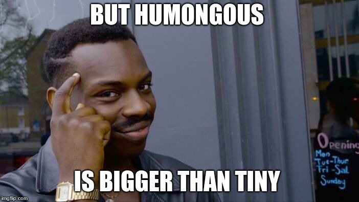 Roll Safe Think About It Meme | BUT HUMONGOUS IS BIGGER THAN TINY | image tagged in memes,roll safe think about it | made w/ Imgflip meme maker