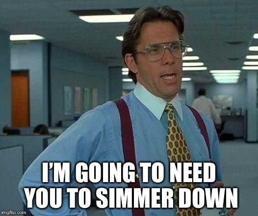 That Would Be Great Meme | I’M GOING TO NEED YOU TO SIMMER DOWN | image tagged in memes,that would be great | made w/ Imgflip meme maker