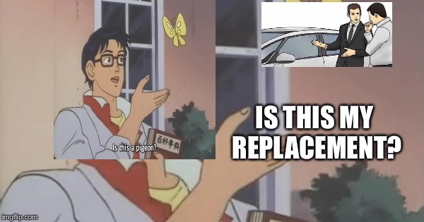 Is This a Pigeon | IS THIS MY REPLACEMENT? | image tagged in is this a pigeon | made w/ Imgflip meme maker