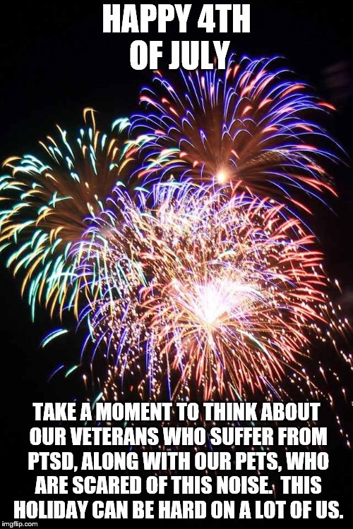 fireworks | HAPPY 4TH OF JULY; TAKE A MOMENT TO THINK ABOUT OUR VETERANS WHO SUFFER FROM PTSD, ALONG WITH OUR PETS, WHO ARE SCARED OF THIS NOISE.  THIS HOLIDAY CAN BE HARD ON A LOT OF US. | image tagged in fireworks | made w/ Imgflip meme maker