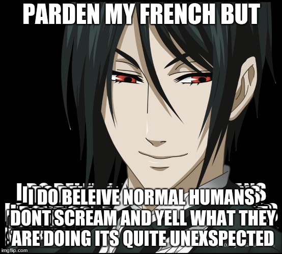 Excuse me | PARDEN MY FRENCH BUT; I DO BELEIVE NORMAL HUMANS DONT SCREAM AND YELL WHAT THEY ARE DOING ITS QUITE UNEXSPECTED | image tagged in black butler,excuse me | made w/ Imgflip meme maker