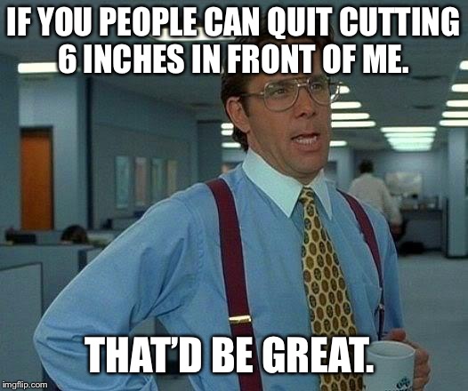 That Would Be Great | IF YOU PEOPLE CAN QUIT CUTTING 6 INCHES IN FRONT OF ME. THAT’D BE GREAT. | image tagged in memes,that would be great,AdviceAnimals | made w/ Imgflip meme maker