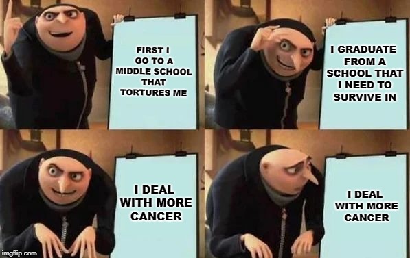 Gru's Plan Meme | FIRST I GO TO A MIDDLE SCHOOL THAT TORTURES ME; I GRADUATE FROM A SCHOOL THAT I NEED TO SURVIVE IN; I DEAL WITH MORE CANCER; I DEAL WITH MORE CANCER | image tagged in gru's plan | made w/ Imgflip meme maker