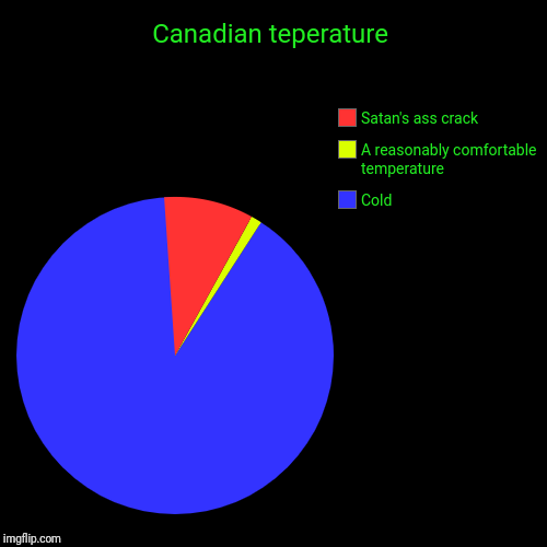 Canadian teperature | Cold, A reasonably comfortable temperature, Satan's ass crack | image tagged in funny,pie charts,nsfw | made w/ Imgflip chart maker