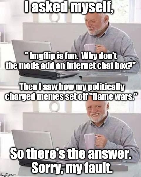 I respect my fellow meme artists.  Well most of them anyway. | I asked myself, " Imgflip is fun.  Why don't the mods add an internet chat box?"; Then I saw how my politically charged memes set off "flame wars."; So there's the answer. Sorry, my fault. | image tagged in imgflip trolls | made w/ Imgflip meme maker