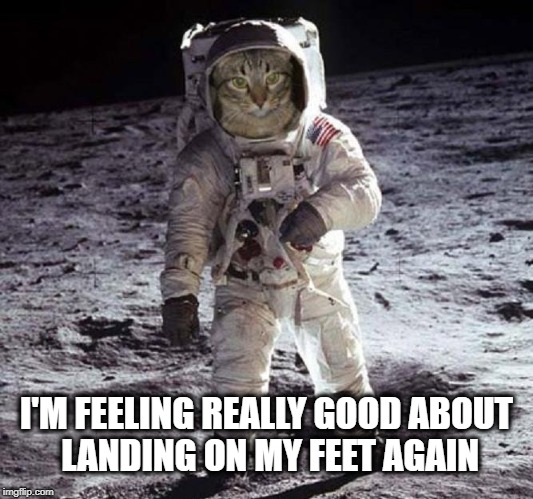 I'M FEELING REALLY GOOD ABOUT LANDING ON MY FEET AGAIN | image tagged in cool cat stroll,the most interesting cat in the world,moon landing,moonwalk,cat meme | made w/ Imgflip meme maker