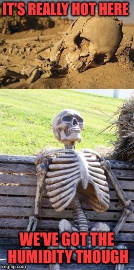 When people try to outdo each other regarding how hot it is today.  Inspired by Beckett437. | image tagged in waiting skeleton,heat,memes,funny | made w/ Imgflip meme maker