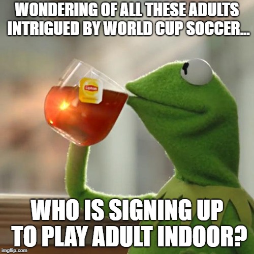But That's None Of My Business Meme | WONDERING OF ALL THESE ADULTS INTRIGUED BY WORLD CUP SOCCER... WHO IS SIGNING UP TO PLAY ADULT INDOOR? | image tagged in memes,but thats none of my business,kermit the frog | made w/ Imgflip meme maker
