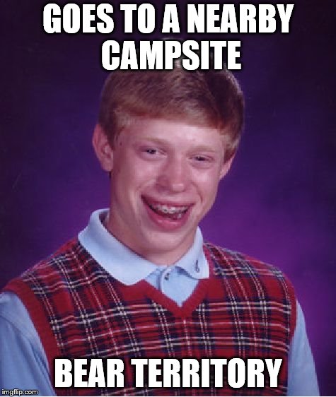 Bad Luck Brian | GOES TO A NEARBY CAMPSITE; BEAR TERRITORY | image tagged in memes,bad luck brian | made w/ Imgflip meme maker