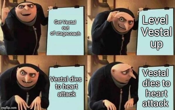 All my Darkest Dungeon runs in a nutshell | Get Vestal out of stagecoach; Level Vestal up; Vestal dies to heart attack; Vestal dies to heart attack | image tagged in gru's plan | made w/ Imgflip meme maker