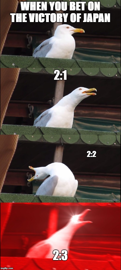 Inhaling Seagull | WHEN YOU BET ON THE VICTORY OF JAPAN; 2:1; 2:2; 2:3 | image tagged in memes,inhaling seagull,scumbag | made w/ Imgflip meme maker