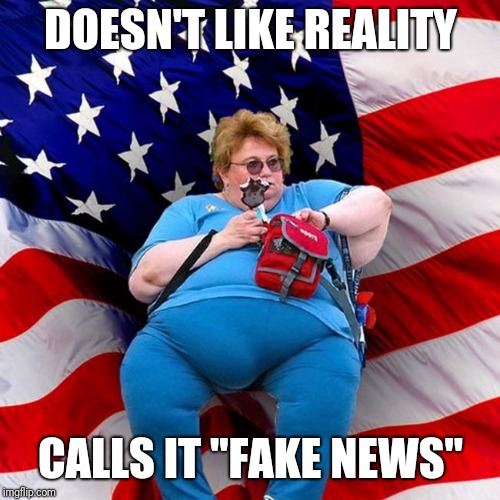 Obese conservative american woman | DOESN'T LIKE REALITY CALLS IT "FAKE NEWS" | image tagged in obese conservative american woman | made w/ Imgflip meme maker
