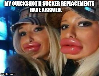 Duck Face Chicks Meme | MY QUICKSHOT II SUCKER REPLACEMENTS HAVE ARRIVED. | image tagged in memes,duck face chicks | made w/ Imgflip meme maker